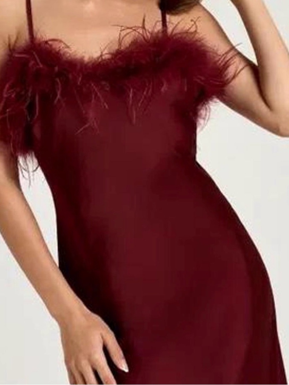 Maroon Feather-Trim Slip Dress